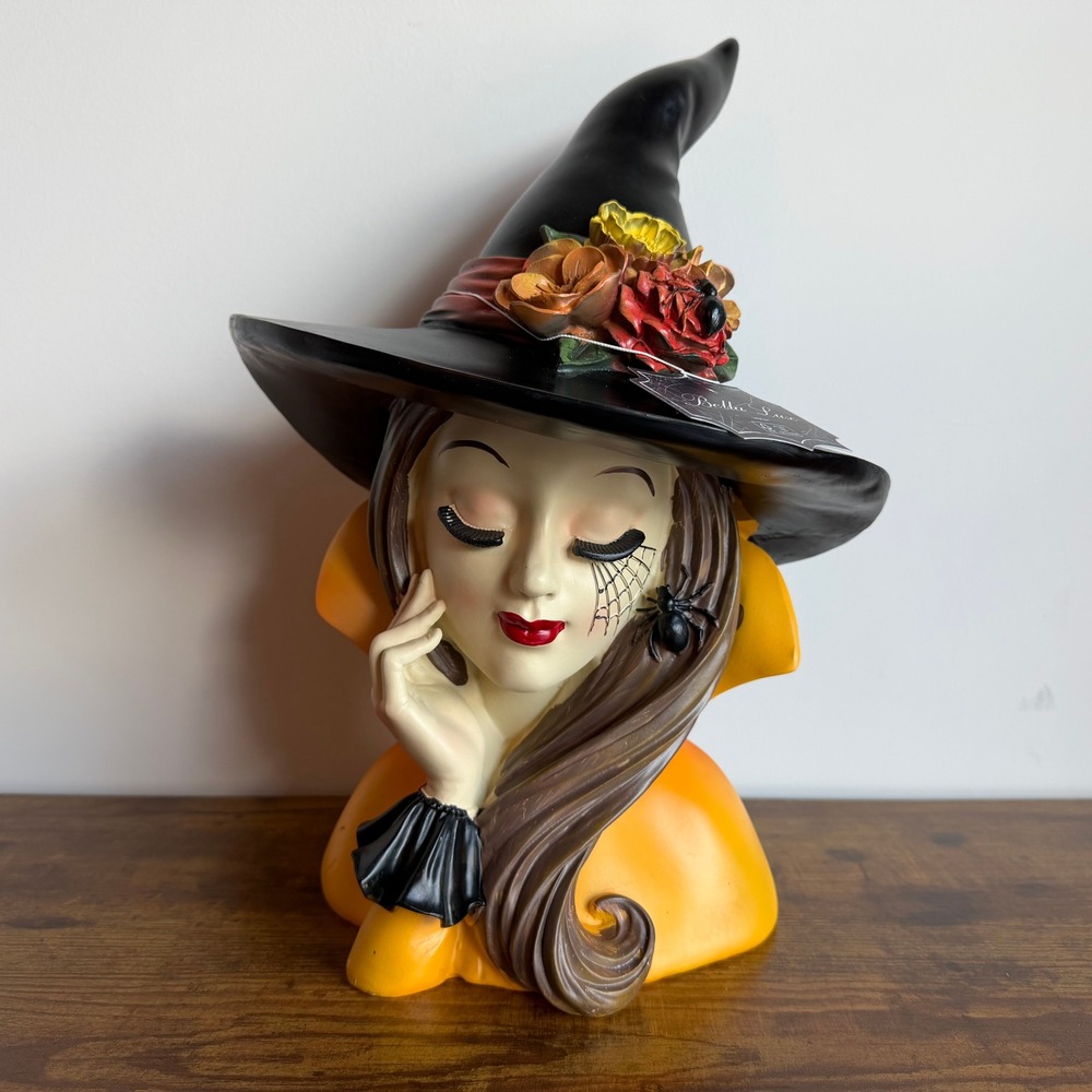 New Bella Lux Orange Yellow Witch Girl Bust Figurine Decor Spiderweb Halloween
